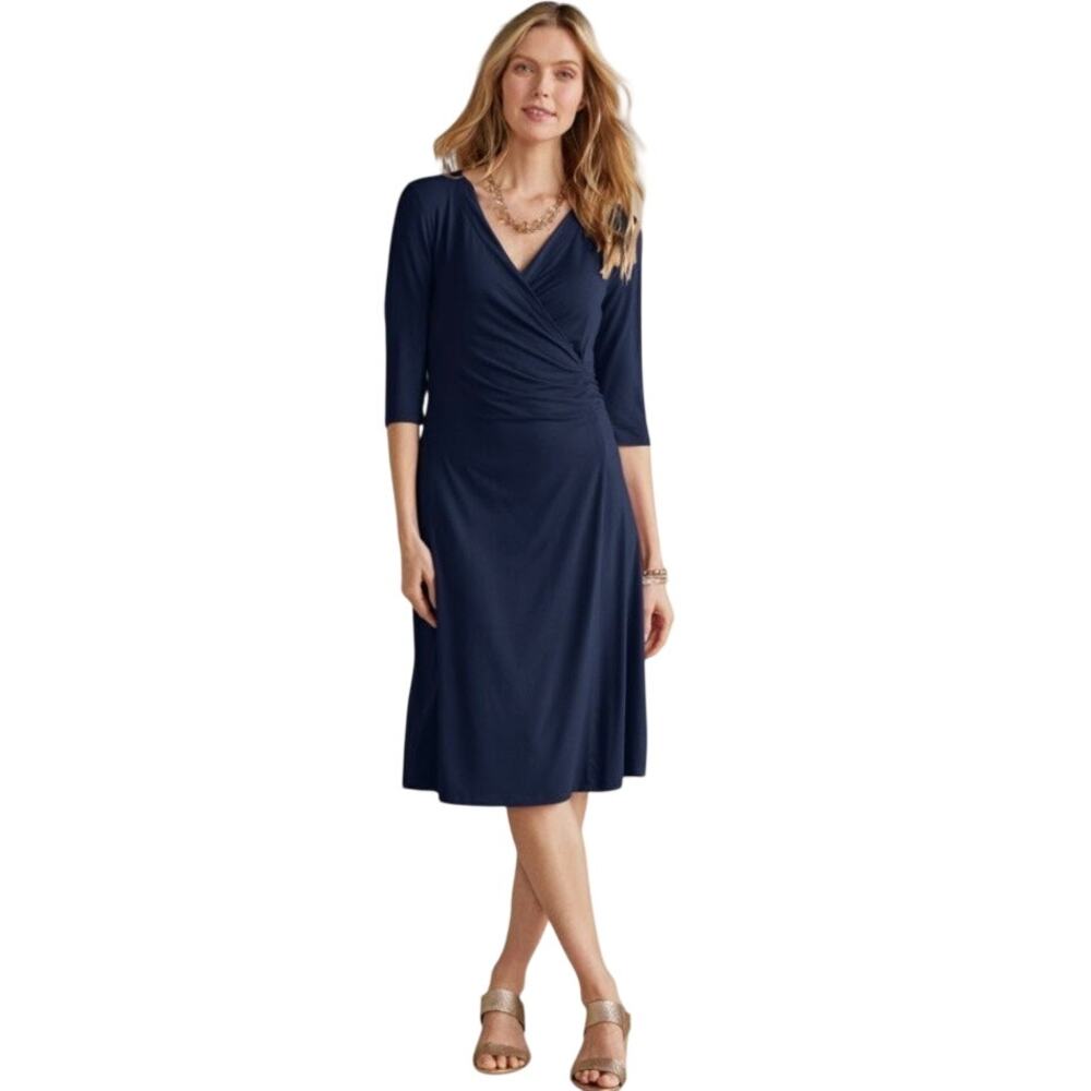 Soft Surroundings Hyannis Faux Wrap Dress Navy Blue 1X NEW
